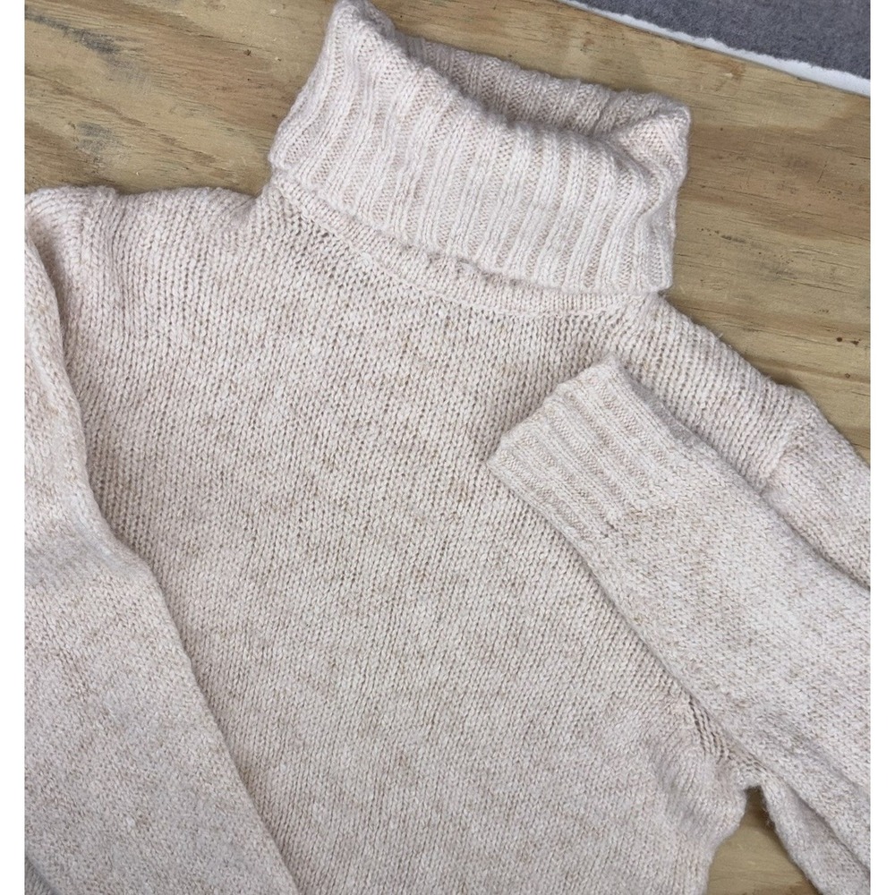 LL BEAN Wool Blend Chunky Knit Fisherman Ribbed Turtleneck Sweater Small Beige